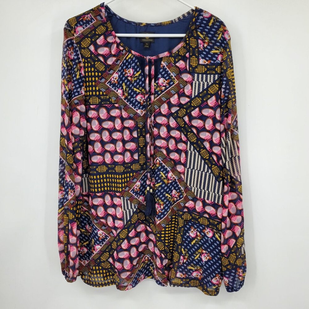 JM Collection Geometric Navy Blue Pink Sheer Sleeve Mesh Blouse Top Shirt XXL